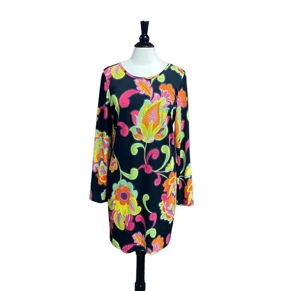 Trina Turk Black Floral Long Sleeve Sheath Dress Size Large